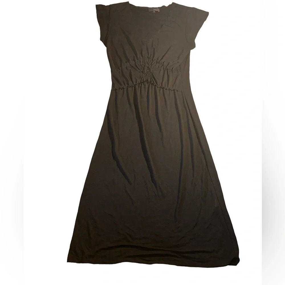 EUC POLECI BLACK CAPPED SLEEVE LG DRESS. Slinky form fitting ruching - Picture 1 of 4